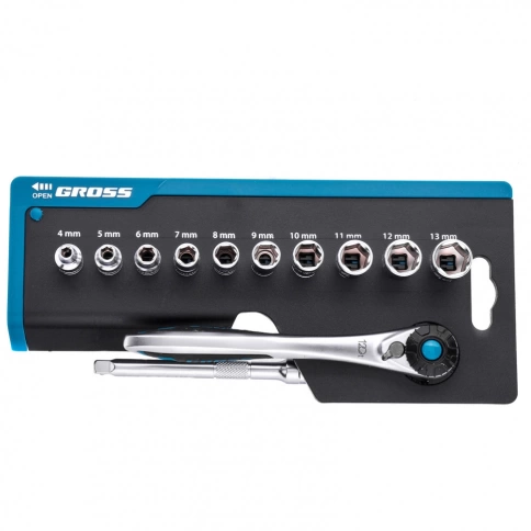 Набор торцевых головок. трещотка 120 зубьев. 12пр. 1/4" CrV Gross фото 1