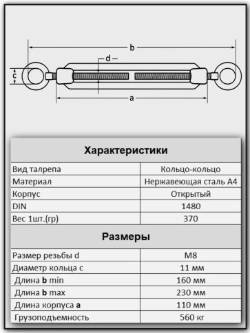 Талреп кольцо-кольцо нержавеющий А4 М8 DIN1480, 4 шт. фото 2