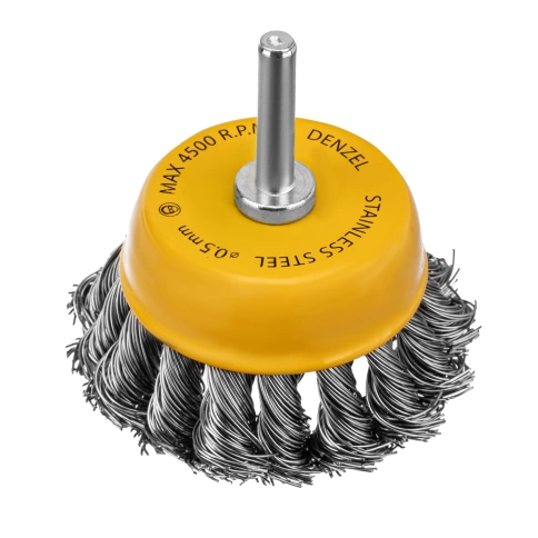 Щетка для дрели "чашка", со шпилькой, кручен.нерж.проволока, 65 мм Denzel фото 1
