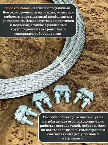 Трос стальной d12 с зажимами (4 шт.) ОЦ без оплетки, 20 метров фото 4