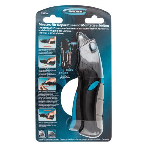Нож рем-монтажный 170 мм. 3-хкомп.рук.,авто выброс/возврат лез.пистол.типа, 5з.л Gross фото 1