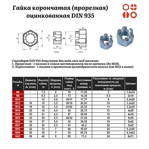 Гайка корончатая (прорезная) М48 DIN 935 оцинкованная, 5 шт. фото 3