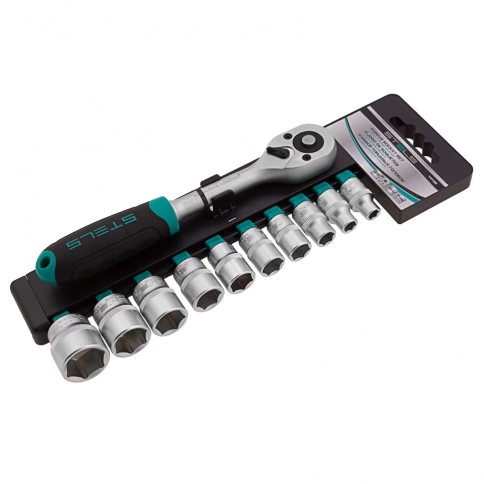 Набор торцевых головок с трещоточный ключом 11 шт 3/8 7-22мм Stels фото 1