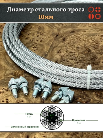 Трос стальной d10 с зажимами (4 шт.) ОЦ без оплетки, 10 м. фото 5