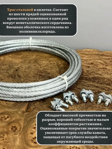 Трос стальной 5/6 с зажимами (4 шт.) оцинкованный в оплетке, 10 метров фото 4