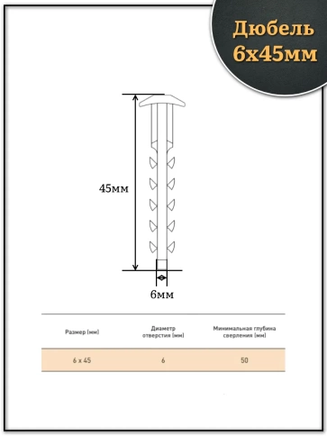 Дюбель для кабель-канала (трубной клипсы) 6х45 мм, 50 шт. фото 2