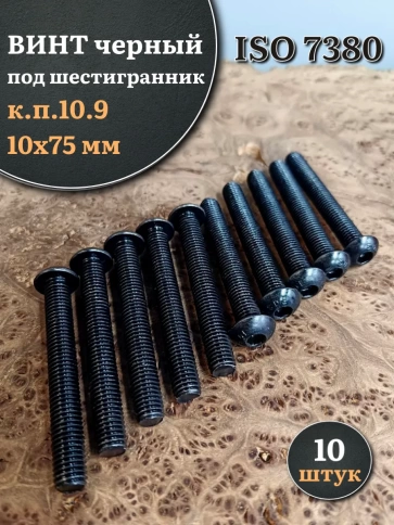 Винт чёрный М10х75 ISO 7380 под шестигранник к.п.10.9, 10 шт. фото 1
