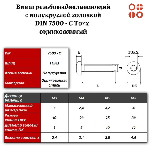 Винт резьбовыдавливающий DIN 7500 С Torx М3х10 оцинкованный, 1000 шт. фото 3